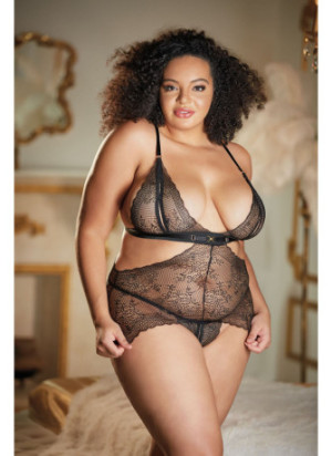 Nuisette dentelle noire grande taille avec string ouvert ROSIE - 17-6002XB
